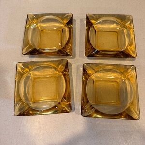 4 Vintage Mid Century Mod Glass AMBER Square Cigar Cigarette ASHTRAY 4.5in Large